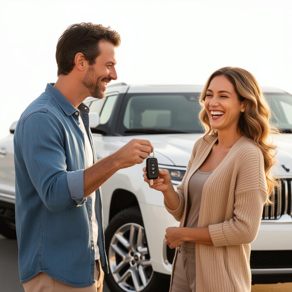 Happy couple receiving keys to a white SUV